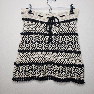 Vtg Nannette Lepore Sz M Black/White Lined Crochet Skirt, Drawstring